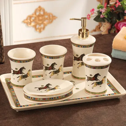 6 pieces set B Набор аксессуаров для ванной комнаты, керамический диспенсер для мыла, держатель для зубной щетки, чашка для полоскания, набор для ванной комнаты из 5-6 предметов с подносом, свадебные подарки - Цвет: 6 pieces set B