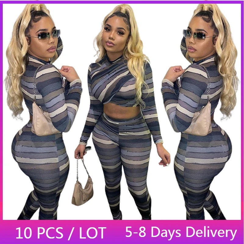 

Оптовая продажа, комплект из двух предметов в полоску, женская уличная одежда, короткий топ и леггинсы с принтом, облегающие комплекты из 2 предметов