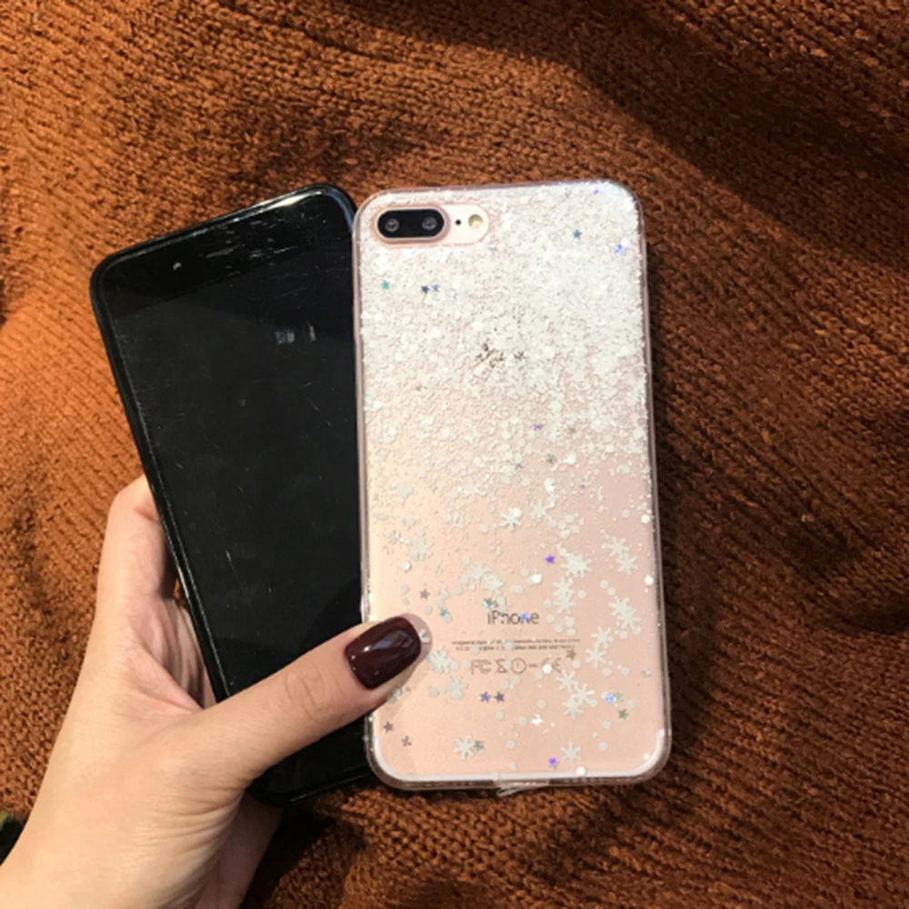 

For iphone 11 Pro Max XR XS XS Max 6 6s 7 8 Plus Snowflakes Epoxy Glitter Bling Sequins Silicone Phone Case Back Cover Coque