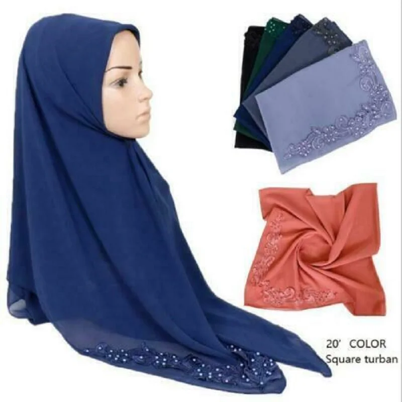 

Embroidery Chiffon Hijab Turban Muslim Square Scarf Female Headwraps Soild Color Malaysia Hijab Femme Musulman
