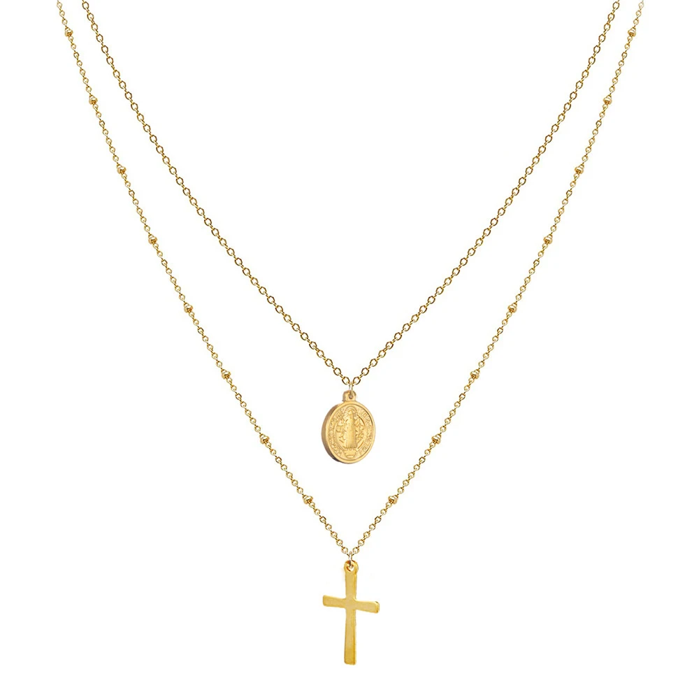 Чокер из нержавеющей стали для католической церкви многослойный с крестиком