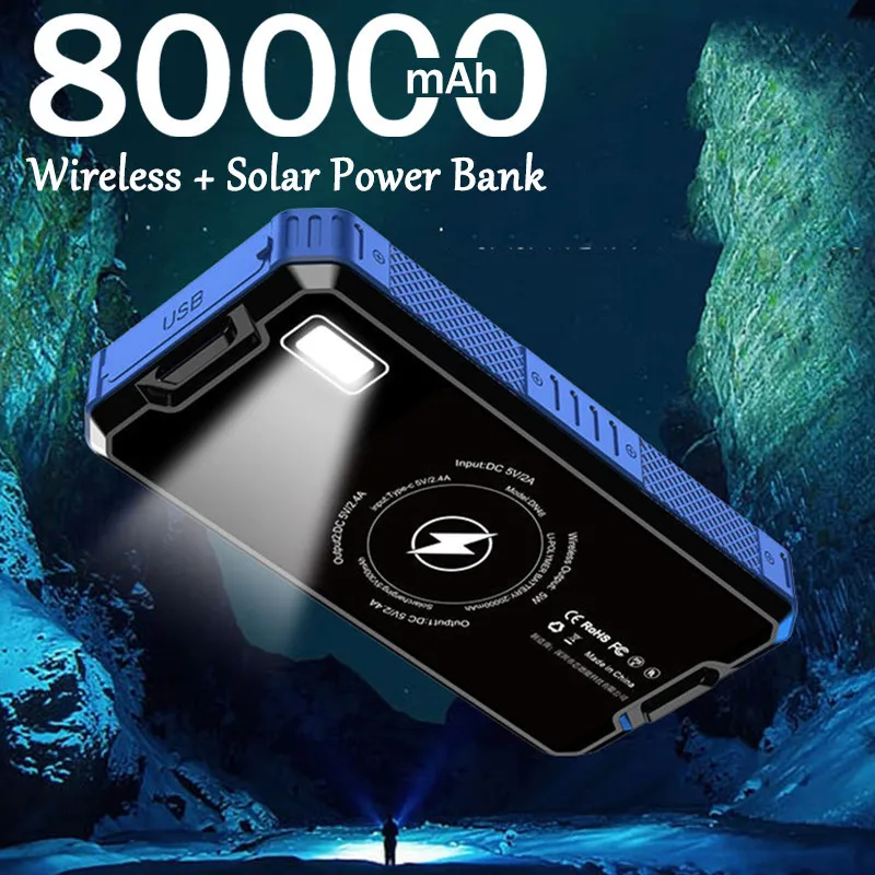 Solar Wireless Charging Battery Power Bank 80000 mA Panel External Charger Portable for iPhone Samsung Huawei | Мобильные телефоны