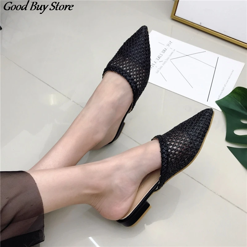 Соломенные тапочки на низком каблуке женские летние плетеные сандалии из рафии