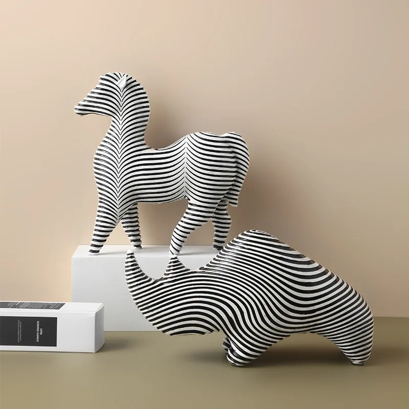 Zebra Rhino Statue Modern Abstract White Stripe Line Resin Animal Figurine Office Home Decoration Accessories Gift
