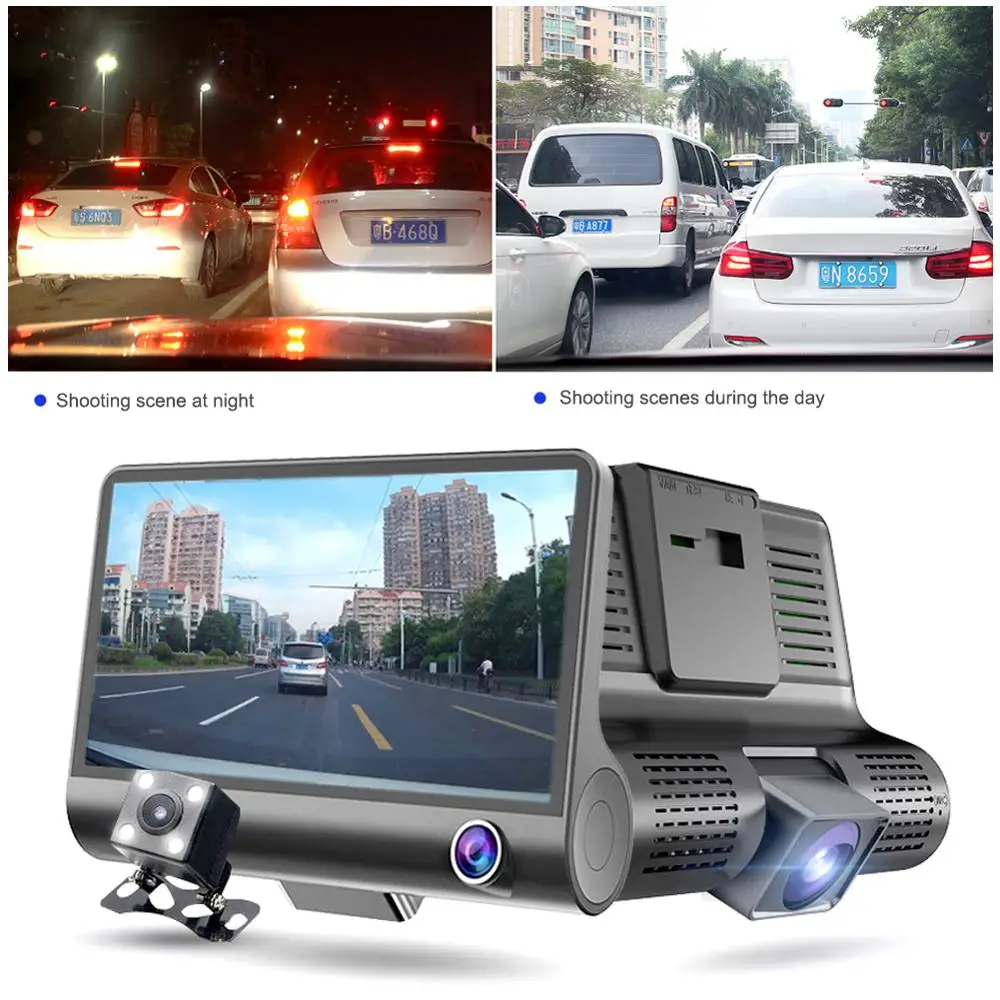 

1080P HD 4" Dual 3 Camera Lens Car DVR Rearview Video Dash Cam Recorder Camera G-sensor