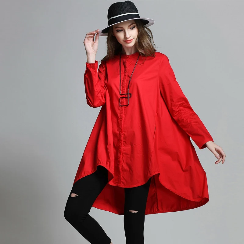 

[EAM]2021 Spring Woman Stylish Solid Color Long Sleeve O-neck Single Breasted Irregular Loose Shirt All Match LE706