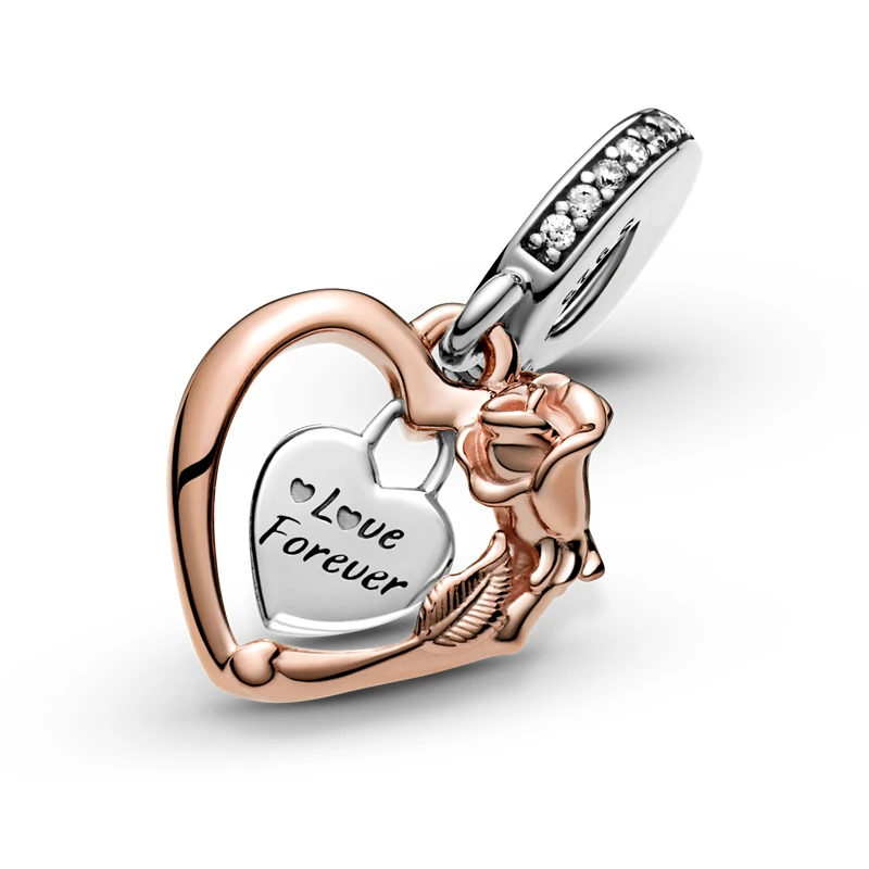 

2021 New 100% 925 Sterling SILVER charms Heart & Rose Flower Dangle Charm fit Original Pandora Bracelet silver 925 jewelry