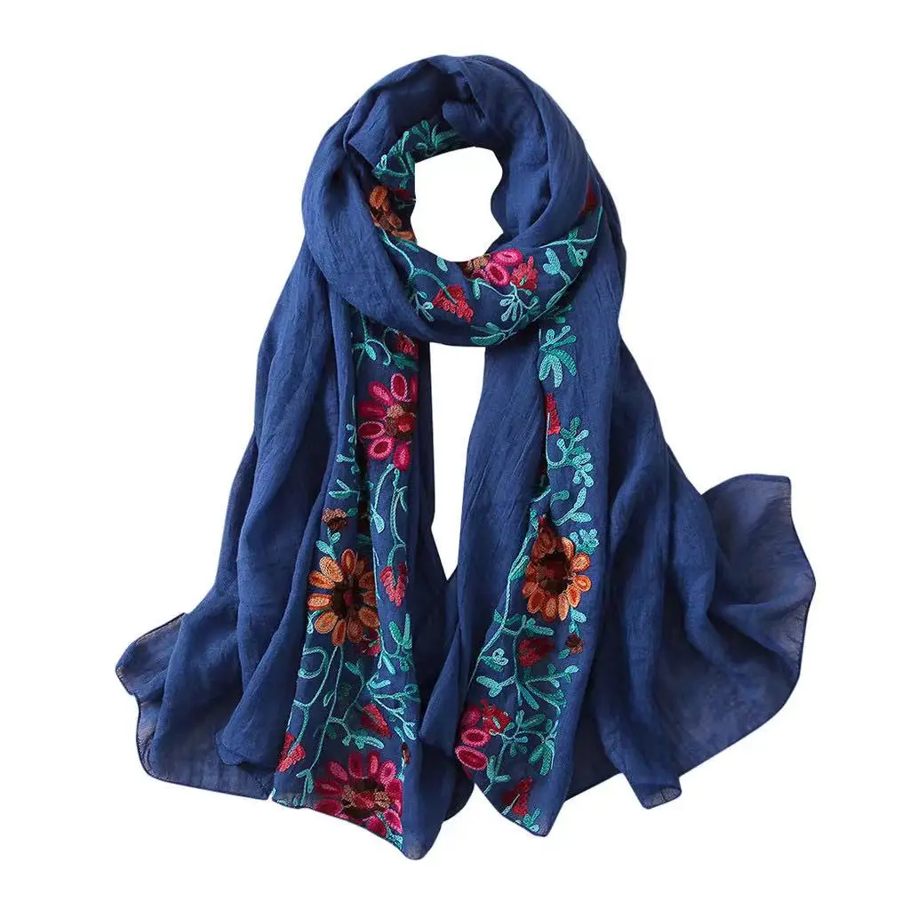 

2022 Winter Embroidered Floral Viscose Scarf Shawl From Indian Bandana Print Cotton Scarves and Wraps Foulard Sjaal Muslim