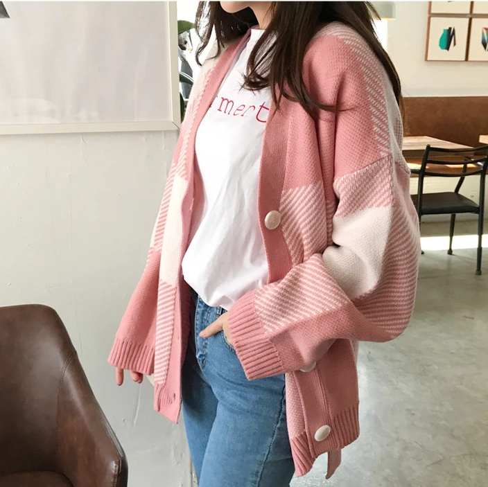 JSXDHK Autumn Winter Women's Cardigans New 2020 Fashion Sweet Single Breasted V Neck Knitting Plaid Pink Loose Sweater Coat |