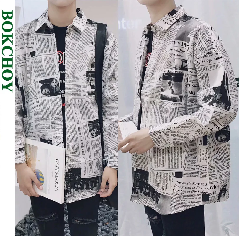 Мужская рубашка с принтом газет Повседневная длинным рукавом и отложным
