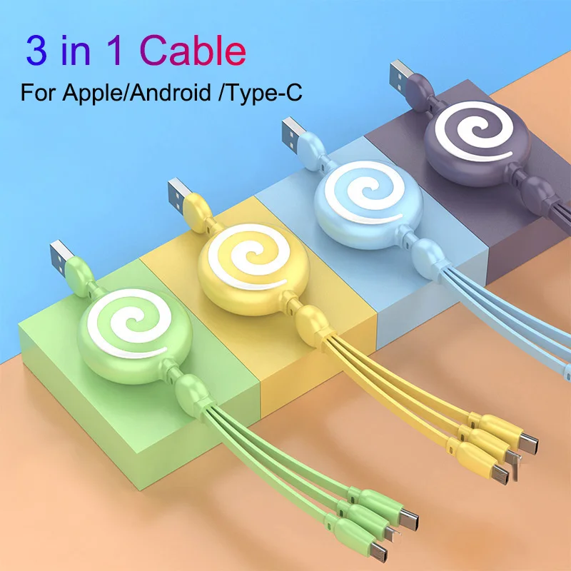 

3 in 1 Type C Micro USB Cable For Apple iPhone Huawei Retractable 3A Fast Charging Cable USB Wire Cord Liquid Silicone Cables 1M