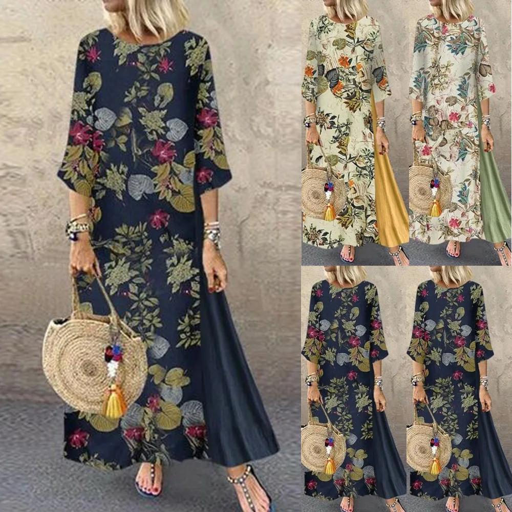 Boho женское хлопковое льняное свободное нарядное платье Летнее цветочное платье длиной до щиколотки плюс размер Лето Новое