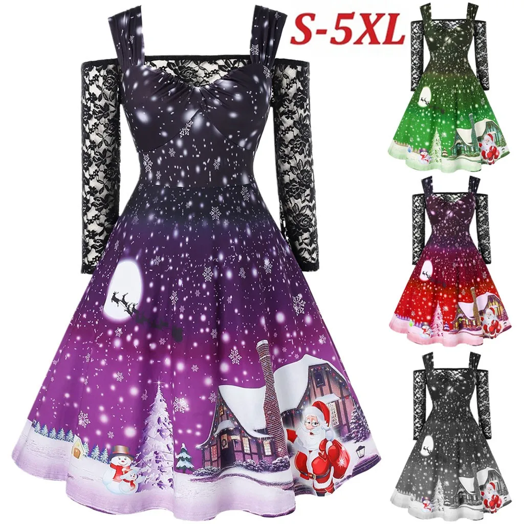 Vestidos ropa mujer, рождественское платье, женская Кружевная футболка с открытыми плечами, лоскутное рождественское платье с принтом, винтажное праздничное платье roupa