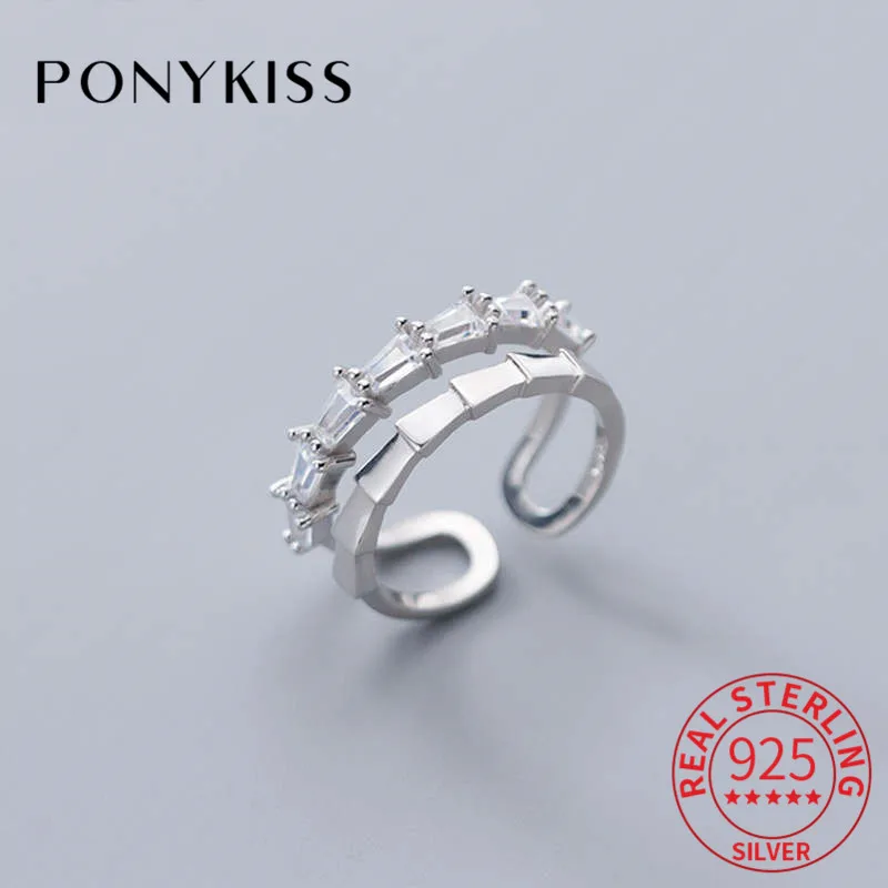 

PONYKISS S925 Sterling Silver Slub shape Double layer Openning zircon Ring for Women fine jewelry Accessory Party girls Gift