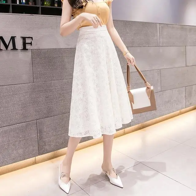 Женская кружевная юбка с высокой талией до колена | одежда