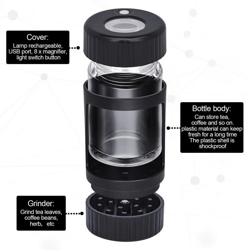 

High Quality Manual Herb Grinder Led Weed Storage Bottle Jar Glass Moisture-proof Sealed Led Glow Jar With Smoking Tobacco Pipe