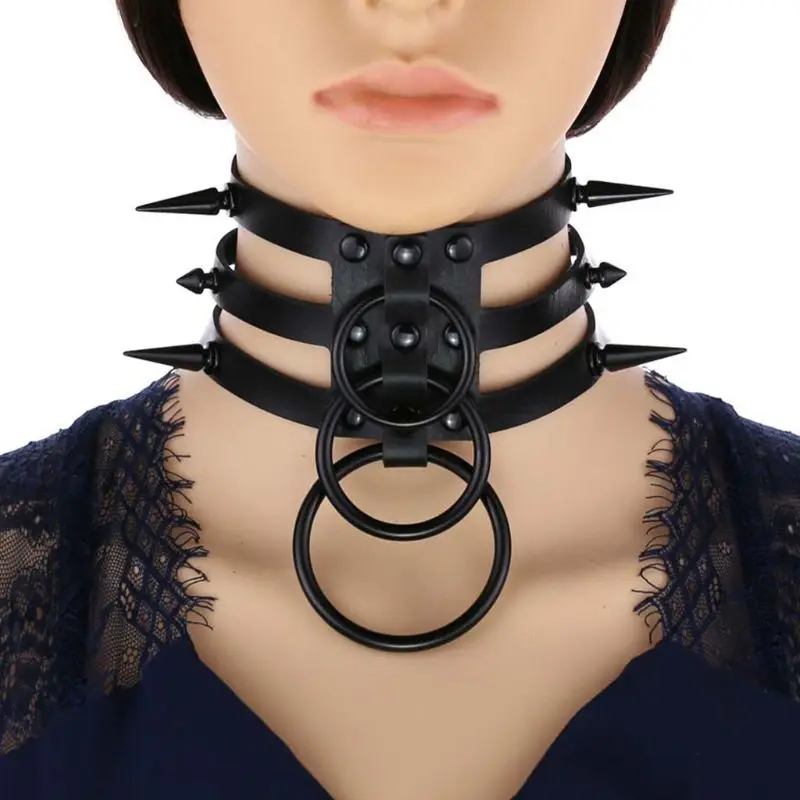 

Women Harajuku Choker Spiked Rivets O-Rings 3 Row Faux Leather Collar Necklace