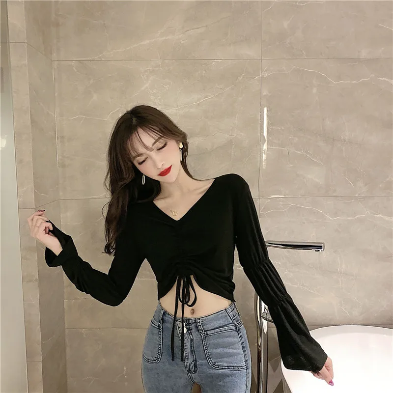

Crop Top Sexy Ladies Tops Club Fashion Brand Slim V-neck Long Sleeve T Shirts Woman Spring Autumn Tees Slash Neck Moda New