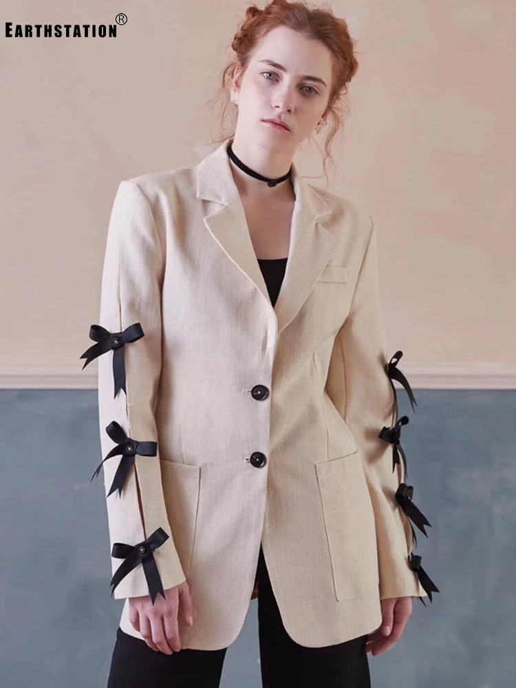 Костюм из хлопка и льна с вышитыми рукавами украшенный бантиком летний женский