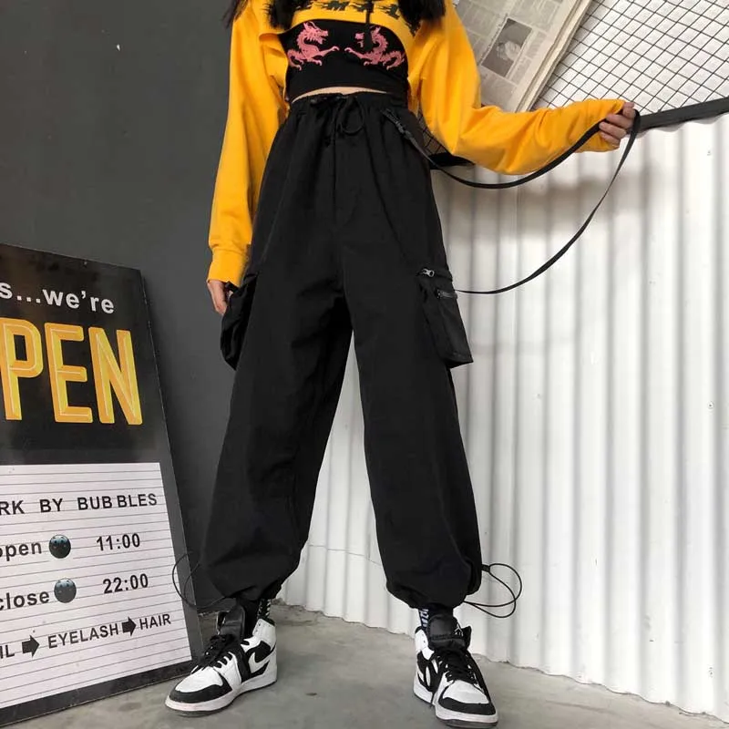 

Women's Hip Hop Pants female Ribbon Cargo Pants for Women Spring Harajuku BF women's Trousers Big Pocket Pants