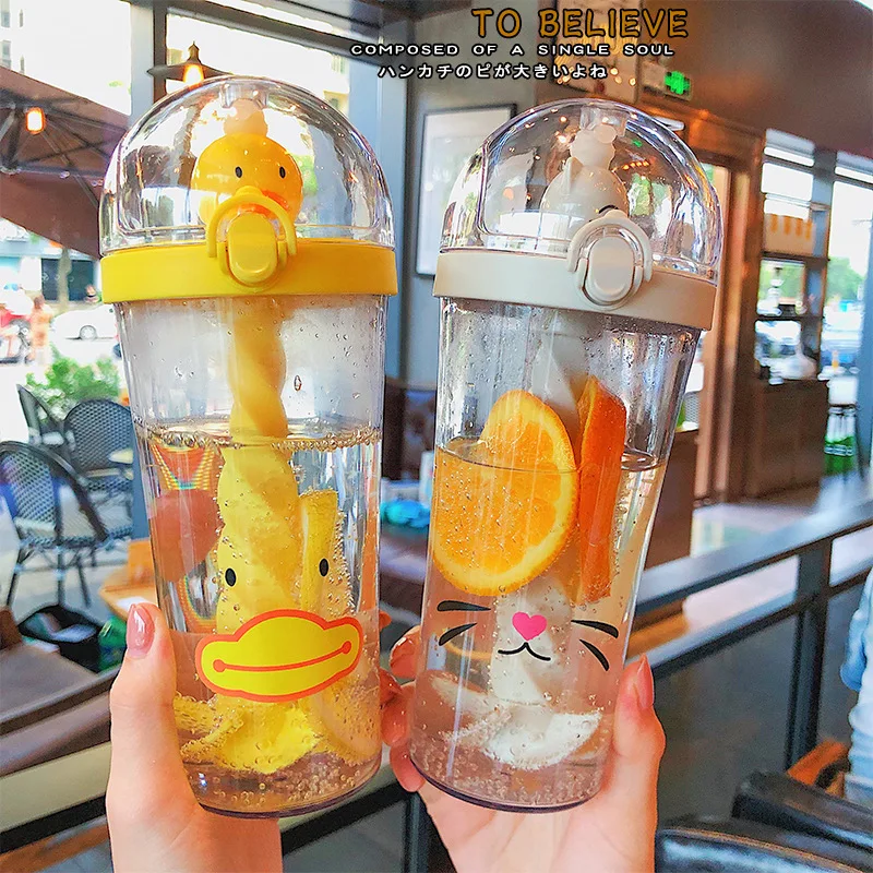 

New Water Bottle with Spiral Straw Lid Travel Portable Cute Cartoon Animals Mugs Plastic Stirring Heat Resistant Shaker Bottles