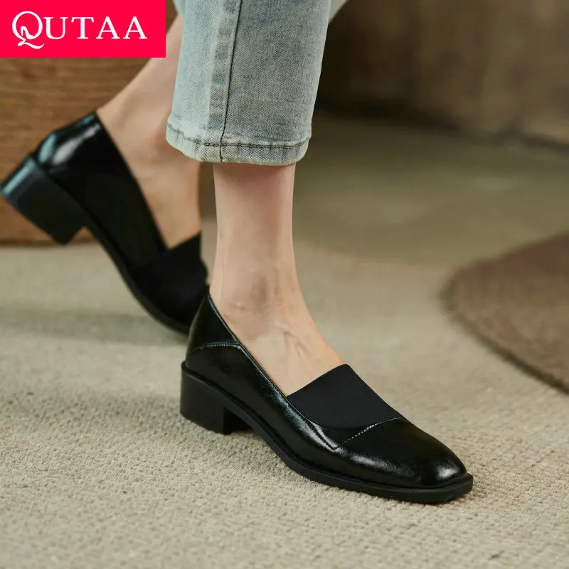 

QUTAA/2022 г. Женская обувь из натуральной кожи высокого качества с круглым носком на низком квадратном каблуке Демисезонные модельные женские ...