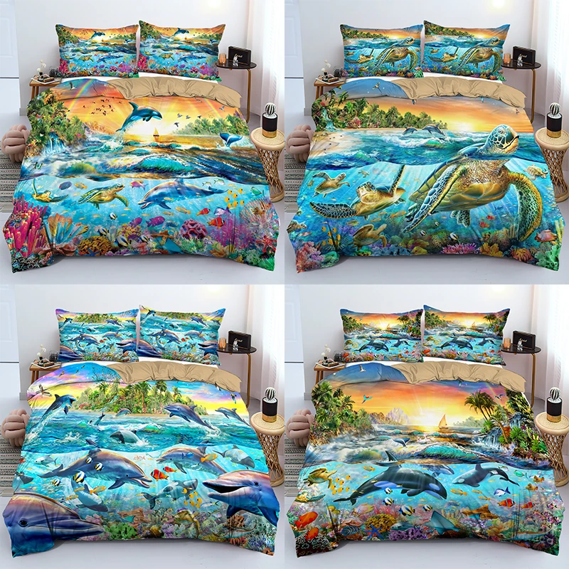 

3D Ocean Down World Animal King Queen Size Bedding Set Turtle Dolphin Quilt Cover Sets Digital Print Full Twin Single Duvet Cove