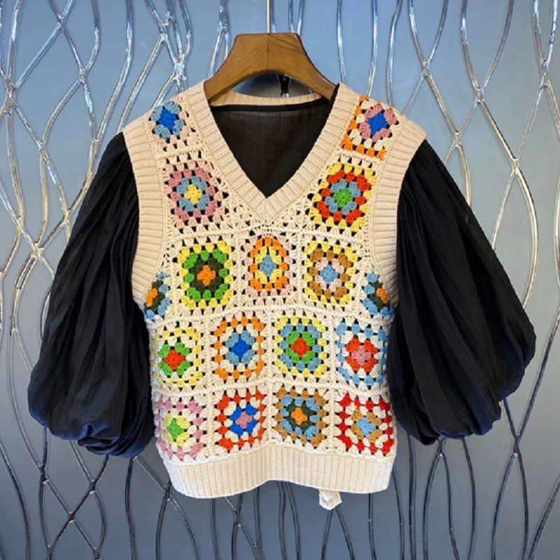 Tops Fashion Women's Set 2021 Spring Summer Suit Ladies Lantern Sleeve Linen Shirts+Crochet Knitting Vest Coats Casual 2 Pc Set