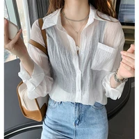 korea shirts women summer thin chiffon soft breathable sheer see through full blouses basic all match fashion female loose new