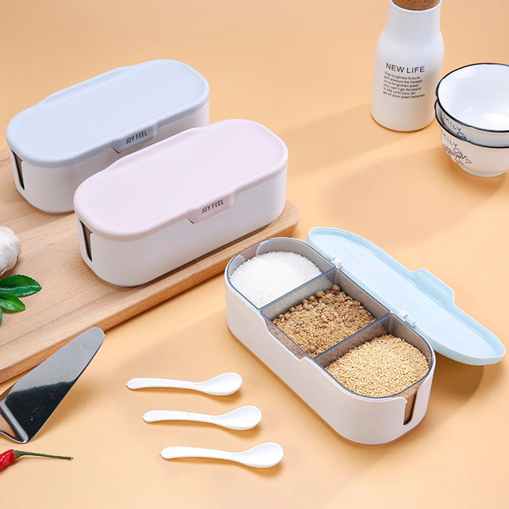 

Nordic Spice Jar Salt And Pepper Shakers Spice Container Set Oval 3 Grids With Lid And Spoons Seasoning Box For Home Kitchen