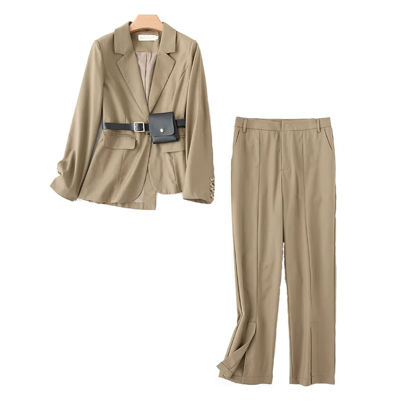 

Stylish Women High Trendy Street Pants Suit Vintage Blazer Pencil Pants Solid Quality Stunning Twin Sets with Belt