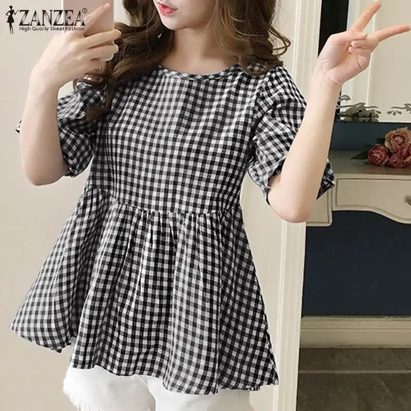 Модные топы ZANZEA с оборками туника Женская Ретро Клетчатая блуза в клетку
