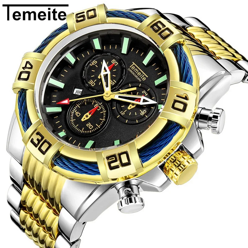 TEMEITE Gold Watch Men Luxury Top Brand Military Watches Mens 2020 Casual Fashion Quartz Wristwatch Calendar Clock orologio uomo | Наручные
