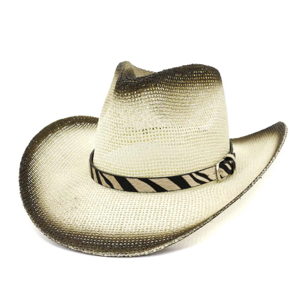 

Fashion Black Paint Spraying Western Cowboy Paper Straw Hats for Men Women Wide Brim Beach Sunshade Cap Panama Sombrero Sunhat