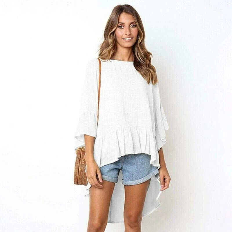 Асимметричная Женская однотонная блузка в стиле бохо с оборками расклешенными