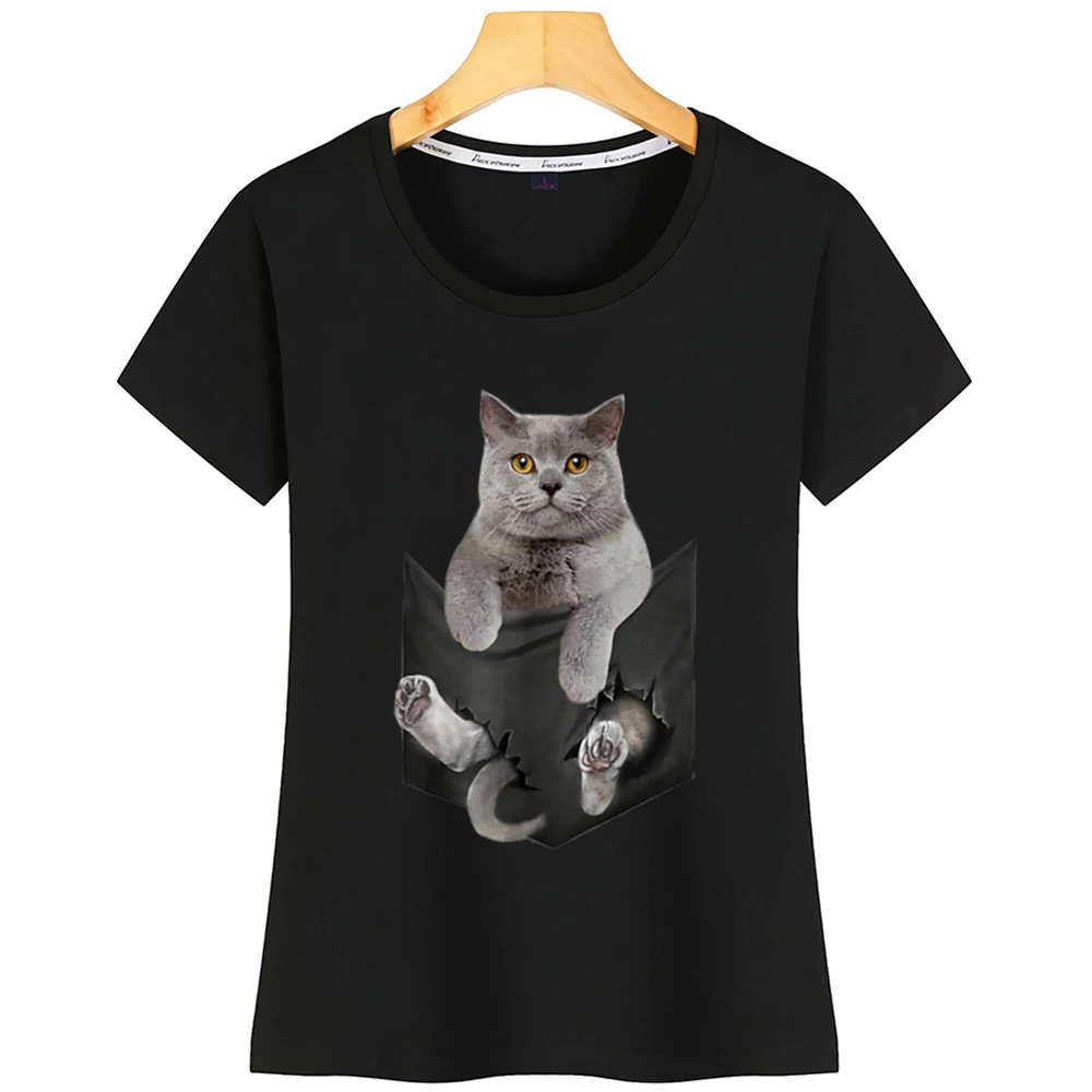 Топы Футболка Для женщин Шартрез кошка в кармане для женщи с О образным вырезом
