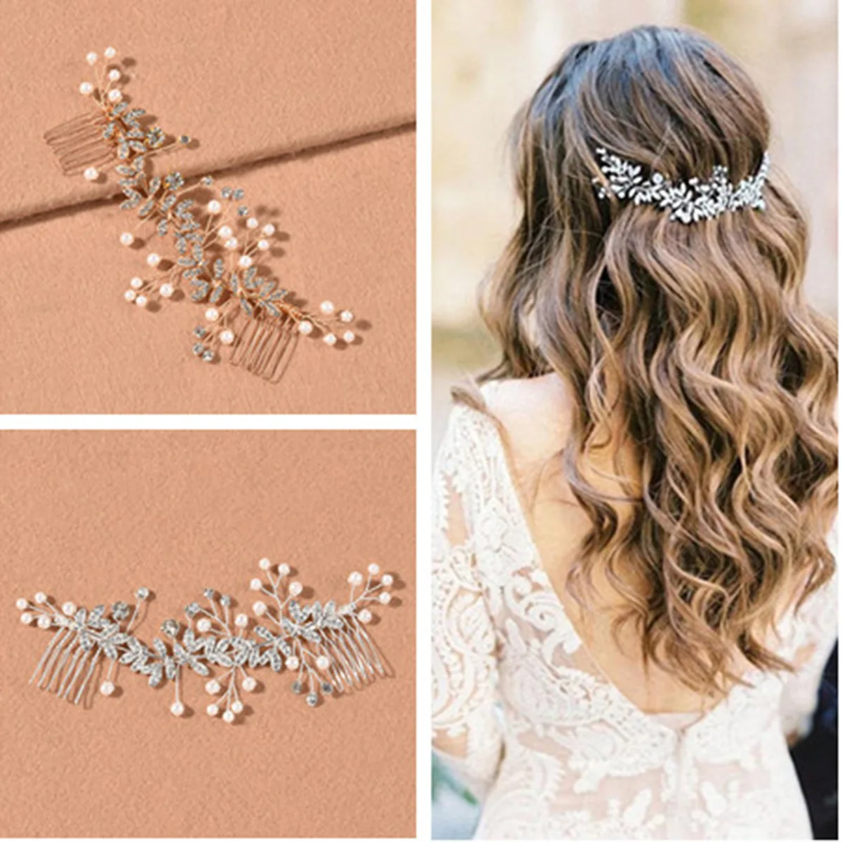 Handmade Floral Bridal Long Comb Hair Piece Crystal Pearls Flower Wedding Prom Accessories Hair Combs Women Headpiece