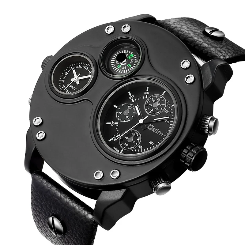 

Luxury Brand Oulm Men Sport Watches Two Time Zone Wristwatch Decorative Compass Male Quartz Watch relogio masculino Herrenuhr