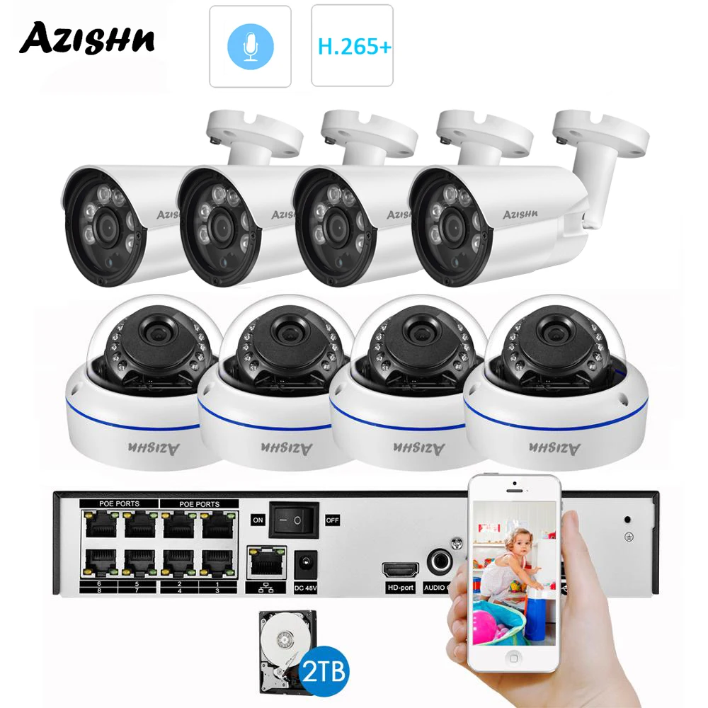 Комплект видеонаблюдения AZISHN H.265 + 8CH 3MP HDMI POE NVR металлическая купольная IP камера 3