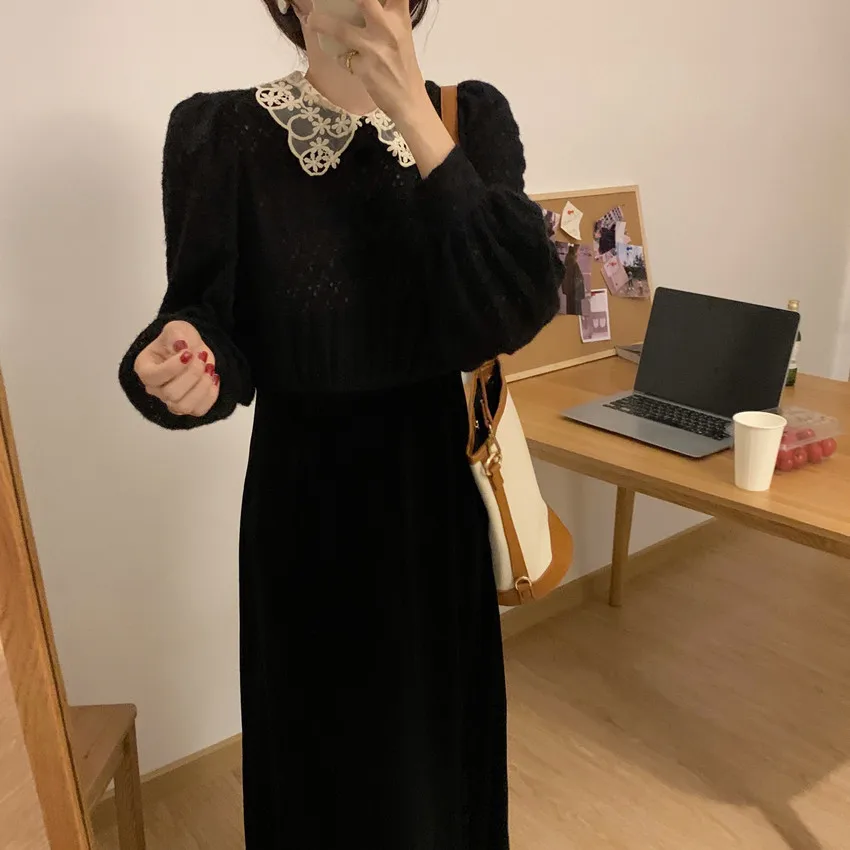 

Alien Kitty 2021 Retro Lace Black Solid Office Lady Women Feminine Patchwork Sweet Sexy High Waist New Slim Dresses Vestidos