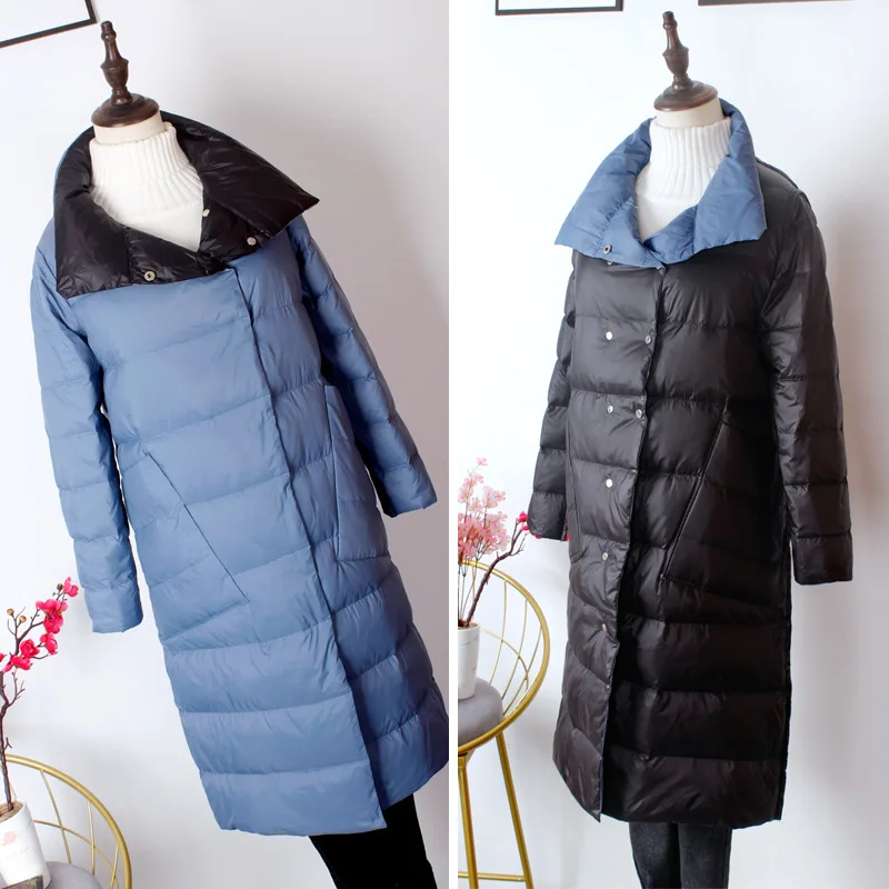 

2020 Winter Warm Double-breasted Large Pocket Lapel Down Jacket Female Long Over Knee Wear Light Korean Jacket on Both Sides