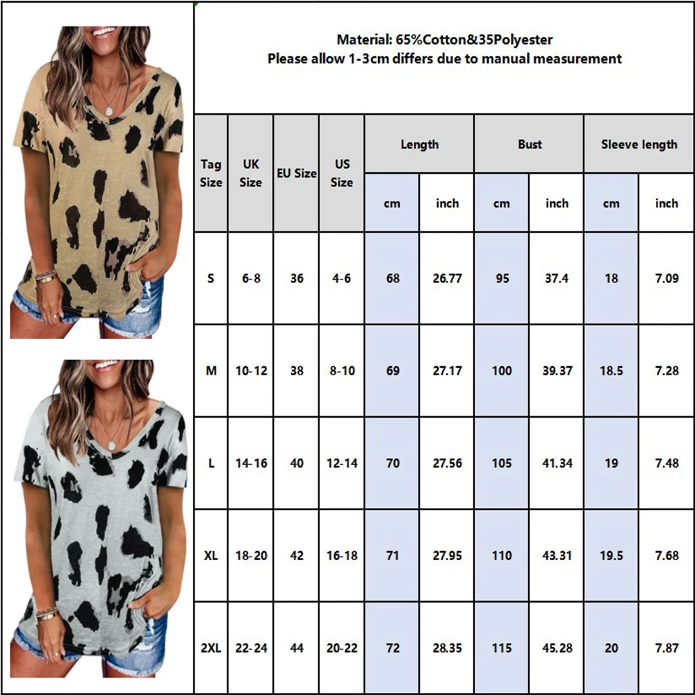 

New Summer Women Leopard Print T Shirt Casual Loose Short Sleeve V-Neck T-Shirt Top for Ladies Basic Tee Shirt Female Blusas D30
