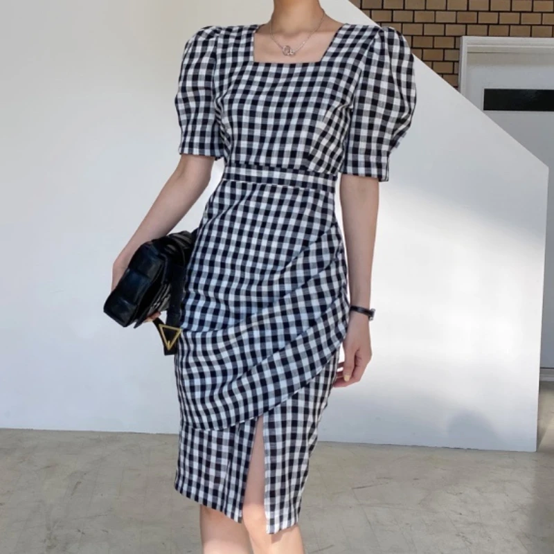 

Summer Women's Plaid Dress French Square Collar Split Short Sleeve Vintage Dress 2021 Female Vestidos