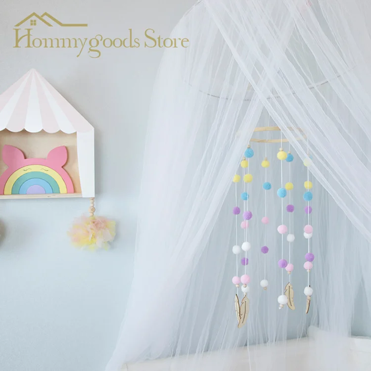 

Ins Baby Toys Decorative Home Fur Ball Feather Wood Chip Wind Chime Bed Bell Children's Room Decorative Bed Curtain With Props