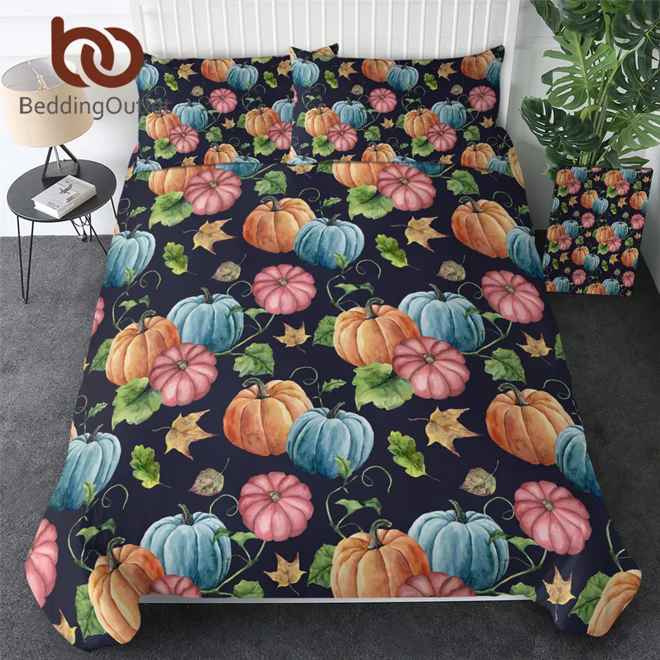 

BeddingOutlet Watercolor Leaves Bedding Set Halloween Pumpkin Bedspreads Botanical Home Textiles Colorful Comforter Cover 3pcs