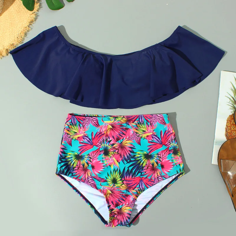 Женский купальник с высокой талией бикини оборками и цветочным принтом