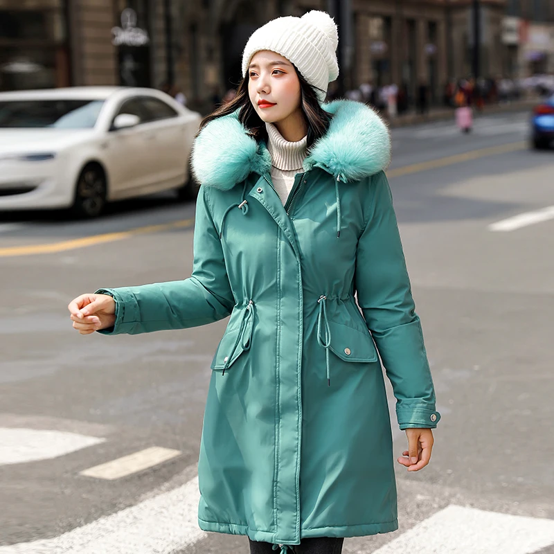 Женская парка хлопковая куртка 2019 однотонное пальто с мехом зимнее длинное