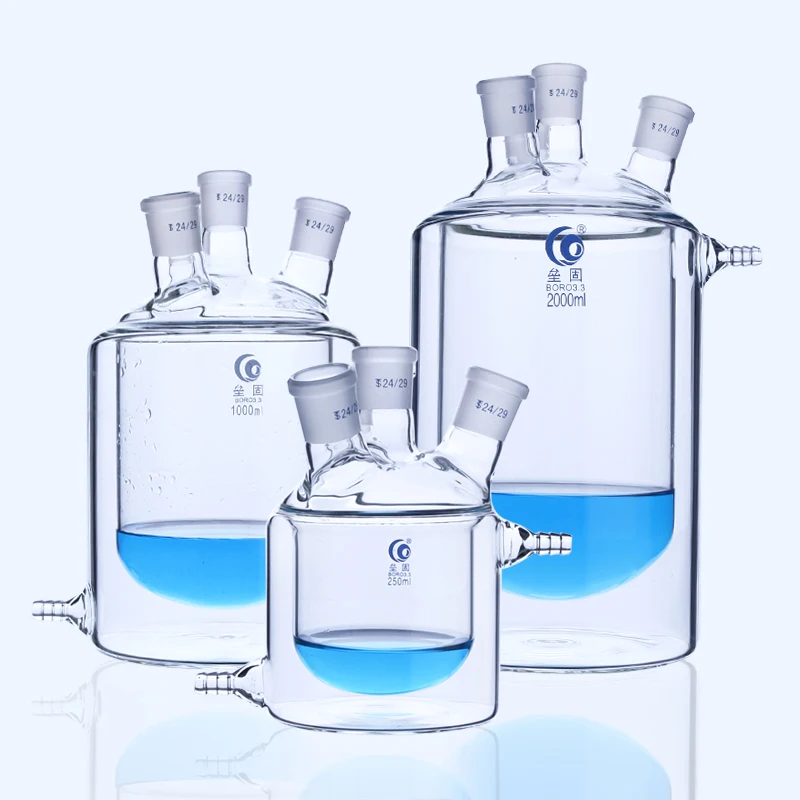 Flat Bottom Four Mouth Glass Jacketed Reaction Bottle Laboratory Double-layer Laboratory Reactor Flask