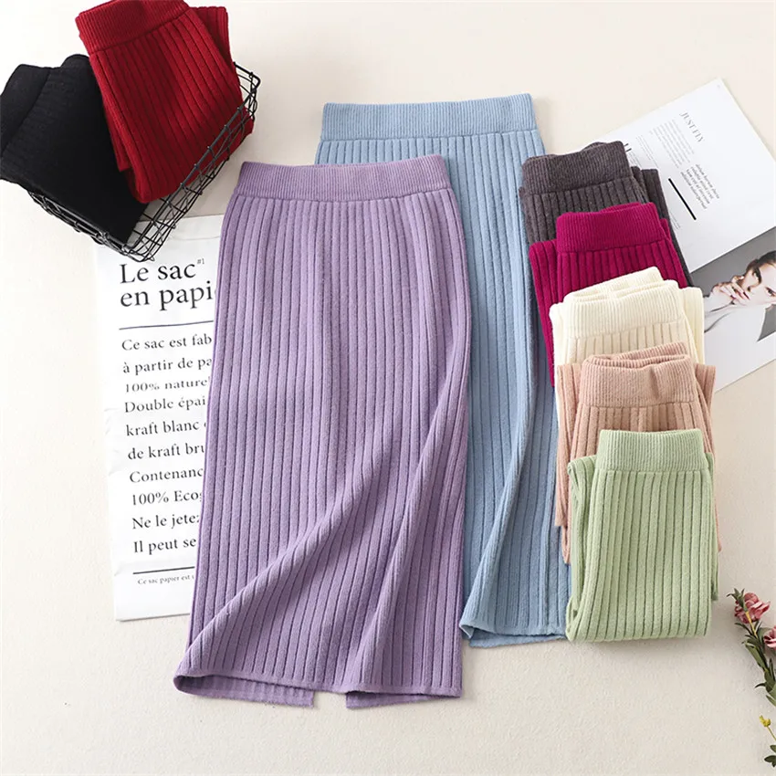 

Женская офисная юбка, сезон осень-зима, сексуальные теплые вязаные черные юбки-карандаш, женская элегантная длинная юбка с высокой талией для вечевечерние и клубов, 2022