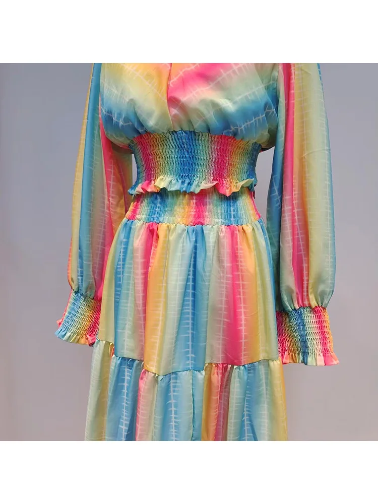 

Retro Multicolor Tie Dye V-neck Elastic Waist Short Shirt Two-piece Set Ladies Autumn New High Waist Multi-level Skirt Set